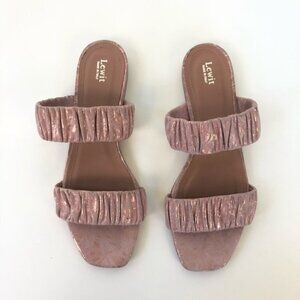 Lewit Elena Ruched Double Strap Leather Slides Metallic Rose Pink